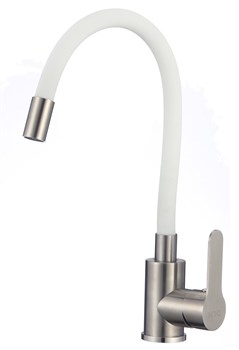 Смеситель для кухни с гибким силиконовым изливом H155316-3,  белый и  сатин - фото 32754