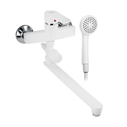 Смеситель в ванную, длинный излив, шаровый, из высокопрочного пластика АБС, БЕЛЫЙ с дивертором м/к , квадратный корпус . - фото 39553