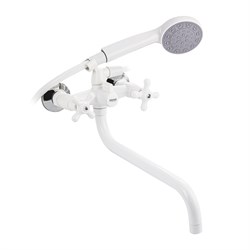 Смеситель для ванны с длинным изливом, металлокерамика, с шаровым переключением, из высокопрочного АБС пластика, ручка КРЕСТ, цвет БЕЛЫЙ. - фото 39583