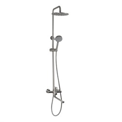 Смеситель для ванны овальный корпус, с длинным изливом + стойка душевая "тропический душ", с двумя круглыми лейками, из нержавеющей стали марки SUS 304, цвет САТИН. - фото 40116