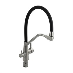 Смеситель кухонный С-образный гибкий излив - ЧЁРНЫЙ с фиксацией на жёстком изливе, шаровый, с двойным выпуском воды для фильтра, из нержавеющей стали марка 304 - фото 40400