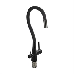 Смеситель кухонный С-образный гибкий черный излив, шаровый, с двойным выпуском воды для фильтра, из нержавеющей стали марки 304 черного цвета - фото 40430