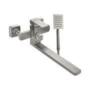 Смеситель для ванны, длинный излив, шаровый, с дивертором на корпусе, квадратный корпус, из нержавеющей стали марки 304, цвет САТИН.