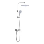 Смеситель + стойка душевая "тропический душ" с двумя БЕЛЫМИ квадратными лейками, латунный корпус, цвет ХРОМ.